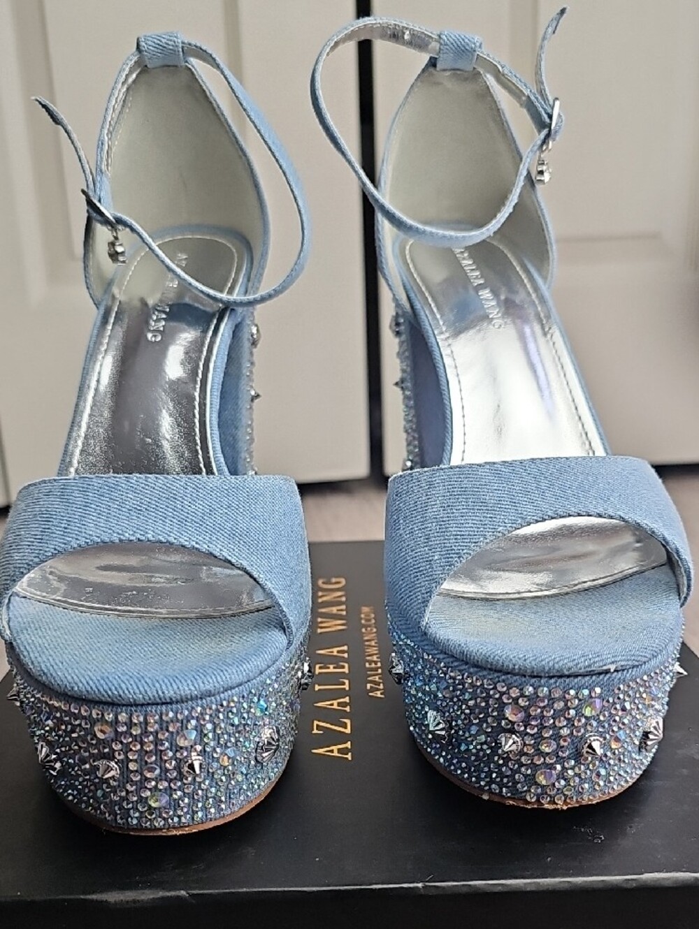 Light Blue Platform Ankle-Strap High Heels with Rhinestone Embellishment - Picture 2 of 10
